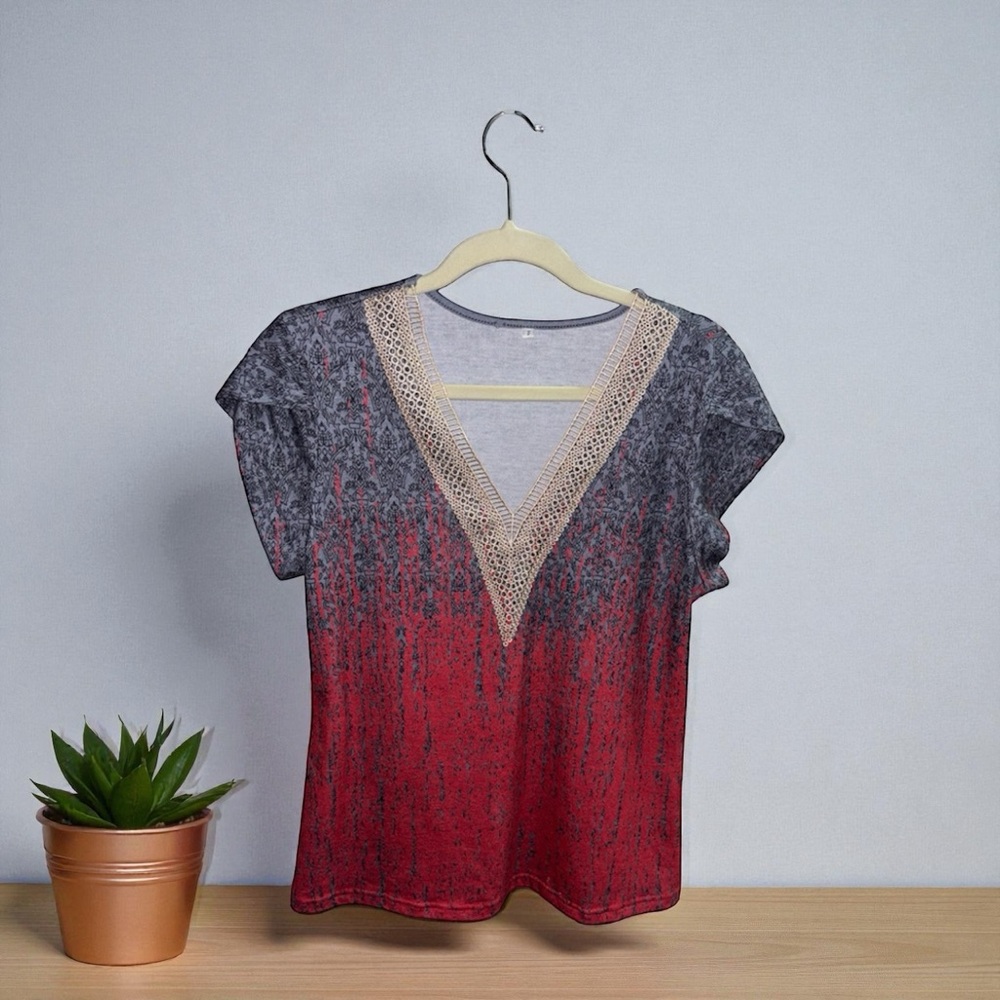 Red and Gray V-Neck Top